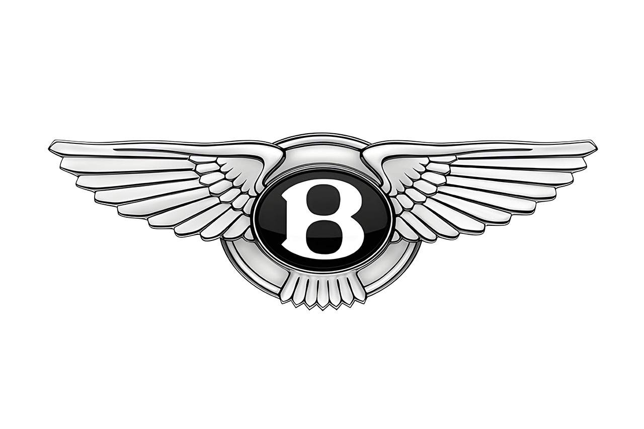 3D-Rendering des Bentley-Logos, stilisierte ausgebreitete Flügel, in der Mitte ein Oval mit großem B