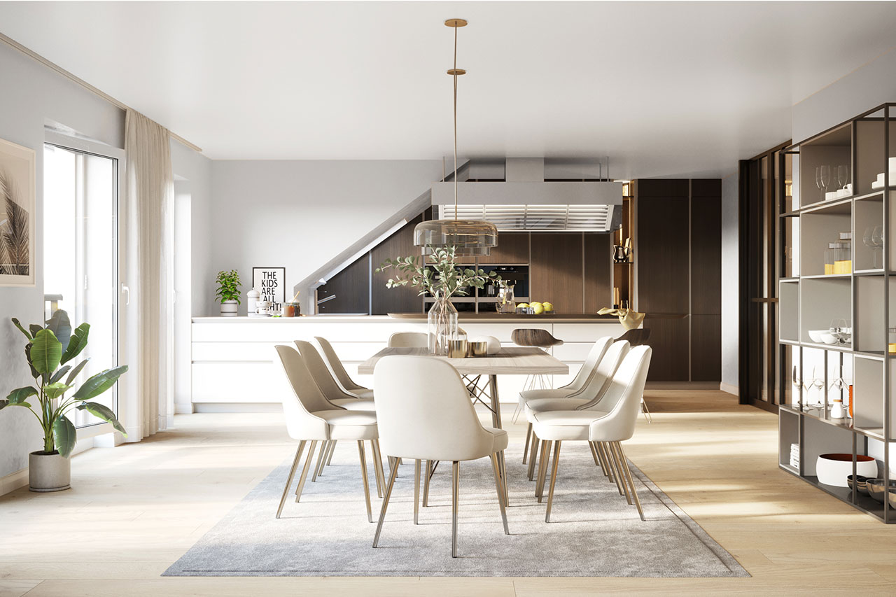 CGI / 3D-Rendering: Interior-Visualisierung eines großzügigen offenen Essplatzes, Zimmerpflanzen, Regal, im Hintergrund Küchentheke