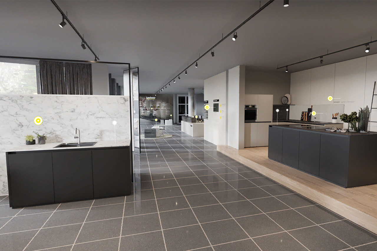 3D / Postproduktion / CGI – Ein virtueller Showroom mit Interaktions-Punkten zu detaillierten Produktbeschreibungen für einen internationalen Hersteller von maßgefertigten Küchenarbeitsplatten und -rückwänden.