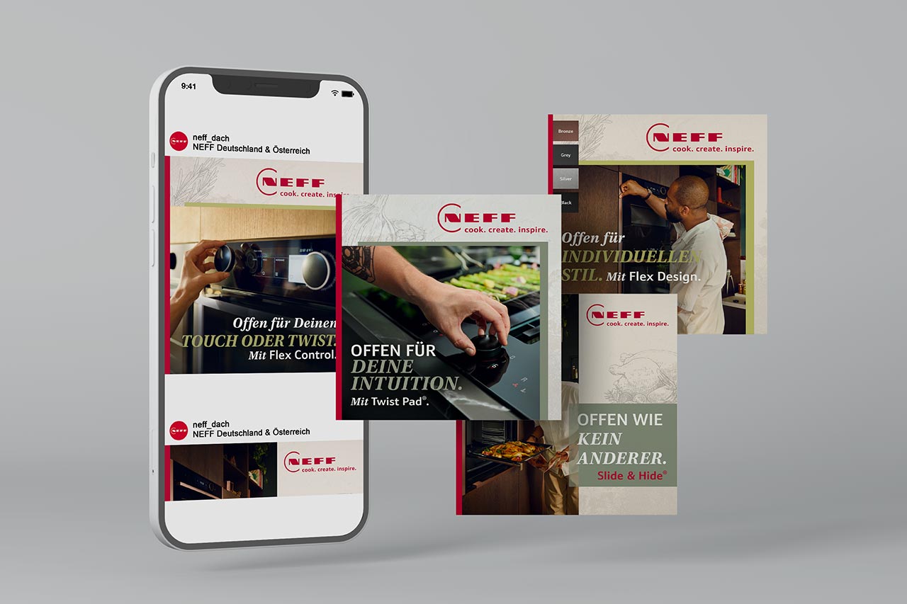 Ein stehendes Handy mit 4 verschiedenen Kampagnen-Layouts für Onlinebanner. Die vier nebeneinander poistionierten Onlinebanner zeigen die Vielfalt der Kampagnenmotive für den Kunden NEFF.